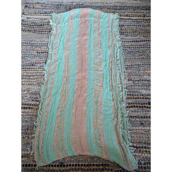 Infinity Scarf 35x16 Mint Green Pink Fringe Metallic Nylon Viscose Shawl Head Ne - Picture 2 of 6